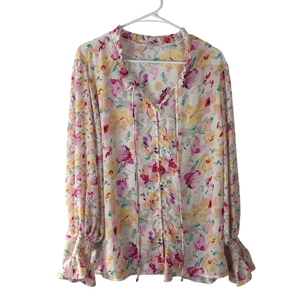 Floral Ruffle Tie Neck Blouse 2XL Pastel Pink Yellow Button Down Smocked Cuff